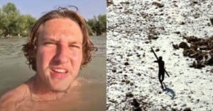 A split image: on the left, a person with wet hair is partially submerged in water, squinting against the sun. On the right, a silhouette stands on a rocky, sandy terrain, holding a long object overhead.