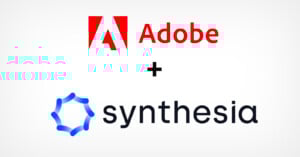 Logos of Adobe and Synthesia. Adobe's logo is red with stylized 'A' and 'Adobe' text. Synthesia's logo features a blue abstract symbol and the word 'synthesia' in black. A plus sign between the logos indicates collaboration. White background.