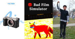 A collage with three sections: a Viltrox camera, a colorful fox edited with distorted colors labeled "Bad Film Simulator," and a person standing on grass holding a stick with a balancing object.