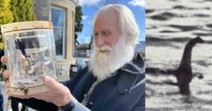 An elderly man with a white beard holds a transparent cylindrical device outdoors. Next to him is a black and white image resembling the Loch Ness monster. The background includes a building and trees under a blue sky.