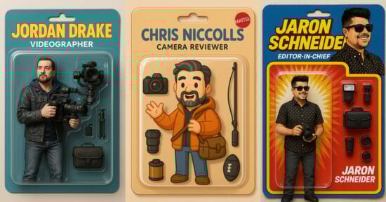 Three illustrated action figures: Jordan Drake with video gear, Chris Niccolls with camera kit, and Jaron Schneider with camera accessories. Each has their name and role (videographer, camera reviewer, editor-in-chief) on retro card packaging.