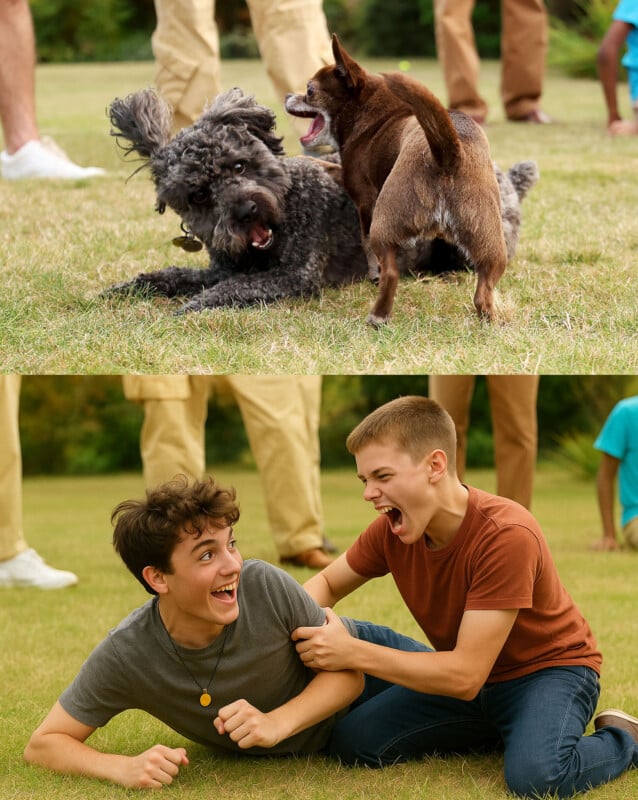 Two dogs playfully roughhouse on grass as people stand nearby. Below, two boys in similar poses laugh and wrestle on the grass, imitating the playful dogs above them.