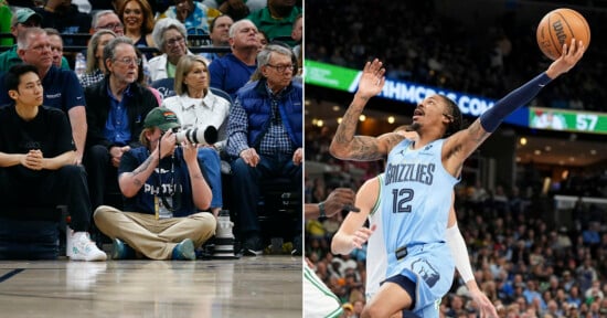 Left side: A photographer sits on the floor, taking photos during a basketball game with spectators watching. Right side: A basketball player in a Grizzlies jersey leaps with a ball towards the hoop in an action shot.