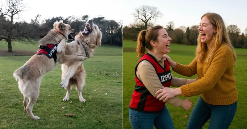 Two dogs playfully jump and interact on grass. Nearby, two women laugh and mimic the dogs’ playful stance, enjoying the moment together in a park. Trees and open skies form the background.