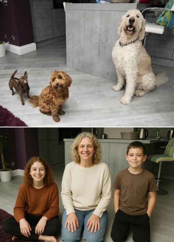 Top: Two small dogs and a large white dog sitting on a light gray floor in a kitchen. Bottom: A woman with curly hair sits on the floor between a young girl and a boy, all smiling at the camera.