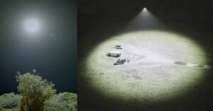 A bright light shines over a bush at night on the left, while on the right, a spotlight from above illuminates vehicles and people gathered on a barren, open field.