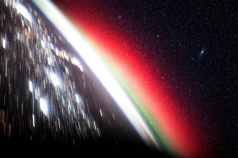 A view of Earth from space shows bright city lights on the surface, a glowing green and red aurora along the curve of the planet, and a star-filled sky with a visible galaxy in the background.