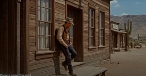 A person in a cowboy hat leans against a wooden building in a western town setting. The scene includes other wooden structures, a dirt street, and a large cactus under a blue sky.