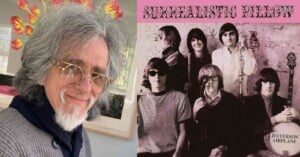 A person with long gray hair and glasses smiles next to an album cover titled "Surrealistic Pillow" by Jefferson Airplane. The album cover features a vintage photo of six band members in black and white.