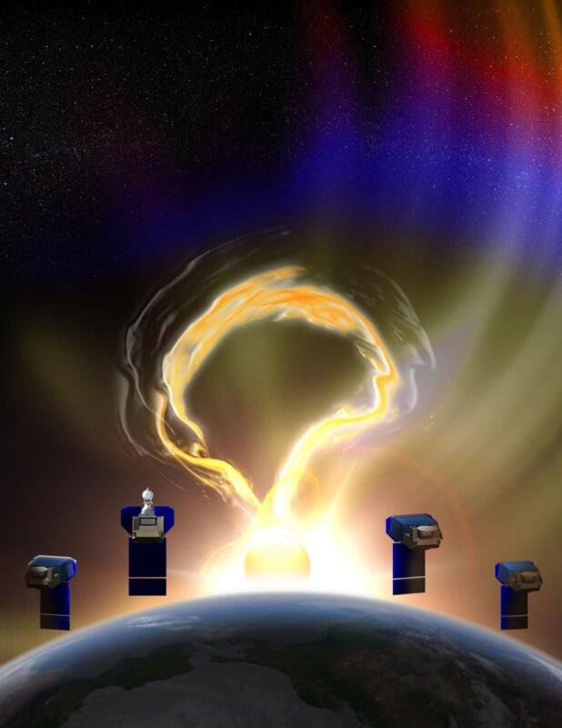 Illustration of telescopes on Earth observing a bright, glowing ring of plasma above the sun, set against a starry sky with colorful light patterns. The telescopes are pointed toward the solar event.