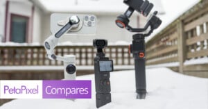 Three gimbals with smartphones are positioned in snow: the Insta360 Flow, DJI Osmo Mobile 6, and Hohem M6. A "PetaPixel Compares" graphic is displayed in the bottom left. Background shows a wooden fence and a house.