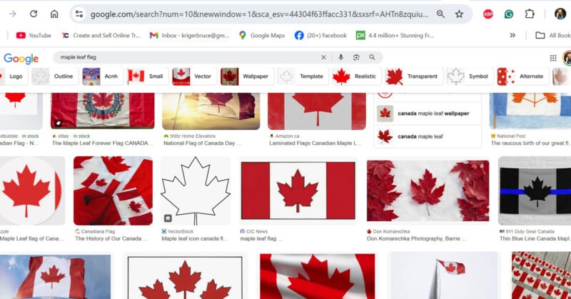 A computer screen displays Google image search results for "maple leaf flag," showing various images of the Canadian flag and red maple leaves in different styles and formats.