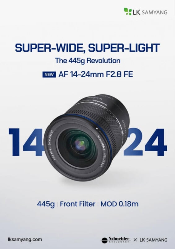 A Samyang AF 14-24mm F2.8 FE camera lens is shown with text highlighting its super-wide, super-light design, 445g weight, front filter, and 0.18m minimum focusing distance.