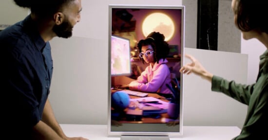 Two people examining a monitor displaying a digital illustration of a woman working at a computer by night, illuminated by the glow of her screens.