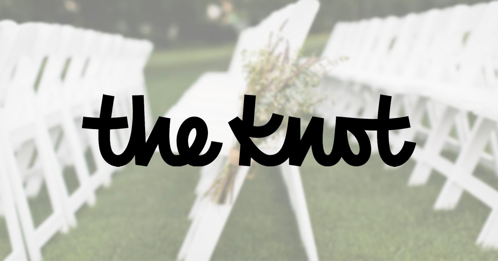 The logo for "the knot" in black script font is centered over a blurred background of white chairs arranged outdoors, suggesting a wedding ceremony setting.