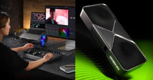 A person working on video editing software with a control panel and multiple screens on a desk. On the right, a close-up of a geometric graphics card on a green and black wavy background.