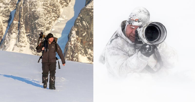 Split image: On the left, a person in winter gear walks on snowy terrain with camera equipment. On the right, a person in snow-covered clothing photographs with a large camera in a blizzard-like setting.
