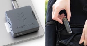 The image shows a ProGrade card reader on a laptop and a hand placing a smaller ProGrade device into a backpack pocket. The card reader has a cable attached, and the devices are dark grey with the brand name visible.