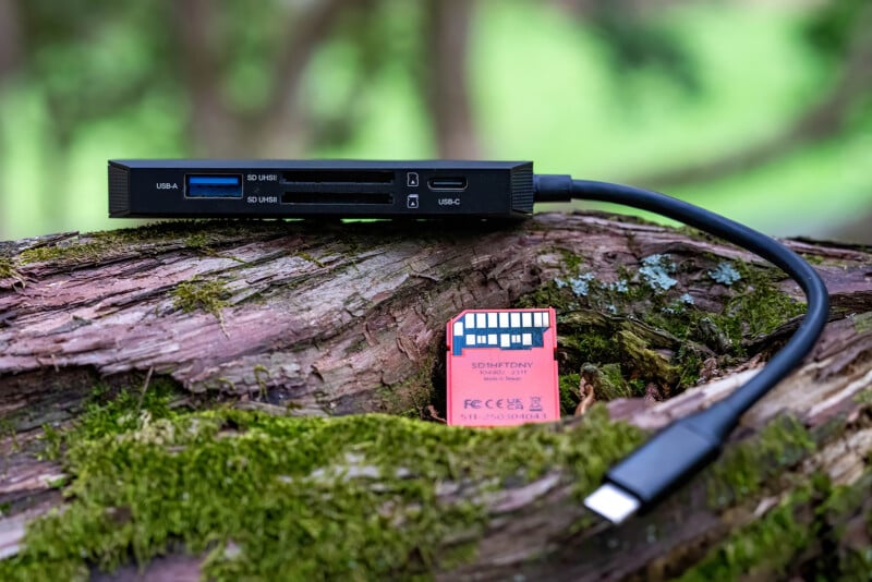 A multi-slot card reader with USB-A and USB-C connectors rests on a mossy tree branch. Below it, a red SD card is partially inserted into the reader. The background is blurred greenery.