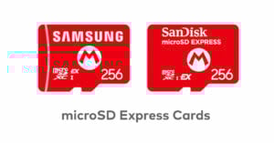 Image of two red microSD Express cards with logos. The left card is by Samsung and features white text and a "256" label. The right card is by SanDisk, also with a "256" label. Both cards have a "microSD XC I EX" label. Text below reads "microSD Express Cards.