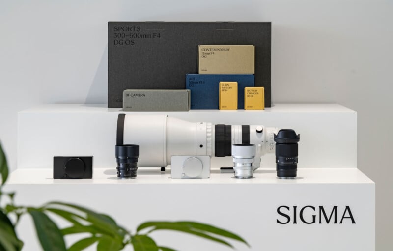 A display of Sigma cameras, lenses, and boxes is arranged on white shelves with "SIGMA" branding. A large white telephoto lens stands out among several camera bodies and smaller lenses. A plant is partially visible in the corner.