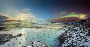 The Blue Lagoon goes from day to night as the image spans left to right.