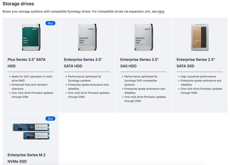 A comparison chart of Synology storage drives shows 3.5" SATA HDDs, a 2.5" SATA SSD, and M.2 NVMe SSDs, highlighting features like firmware updates, enterprise-grade performance, and expansion options.