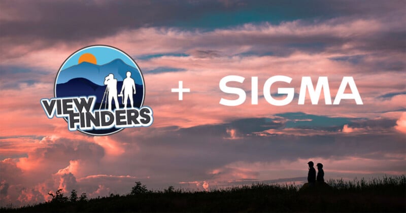 A scenic sky with colorful clouds at sunset. The left side shows the "View Finders" logo with two figures, mountains, and a sun, beside a large "SIGMA" logo. Two people stand silhouetted on the right.