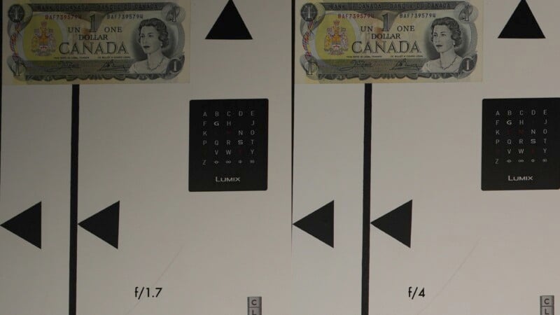 Image comparison of f/1.7 and f/4 aperture. A Canadian one-dollar bill and a focus chart with letters are visible. Triangular shapes and a "LUMIX" logo are included. The left side is labeled f/1.7, the right f/4.