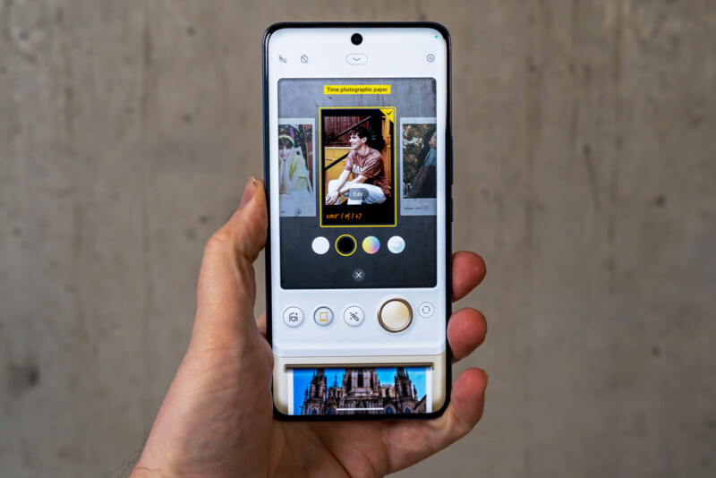 A hand holds a smartphone with an open photo editing app displaying a portrait. The app shows color filter options and has a neutral background. A thumbnail of a cathedral is visible at the bottom of the screen.