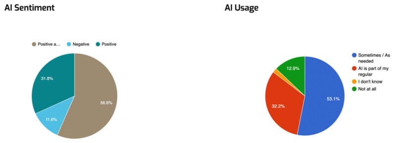Two pie charts: Left shows AI sentiment—56.6% positive, 31.8% neutral, 11.6% negative. Right shows AI usage—53.1% not at all, 32.2% sometimes, 12.9% regular use, 1.8% don’t know.