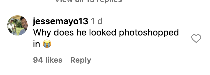 A social media comment reads: "Why does he looked photoshopped in 😭" by user jessemayo13, with 94 likes and a crying emoji.